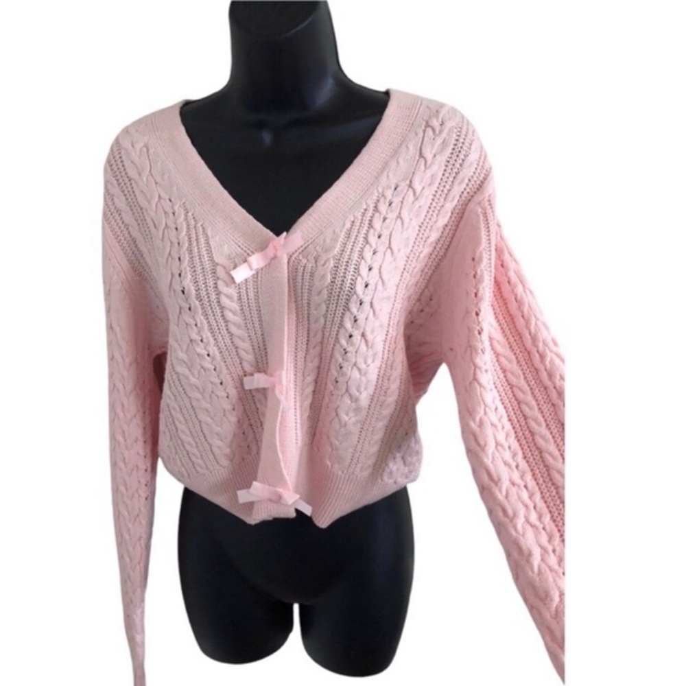 Jessica Simpson pink bow adorned cable knit cardigan‎ sweater size small new